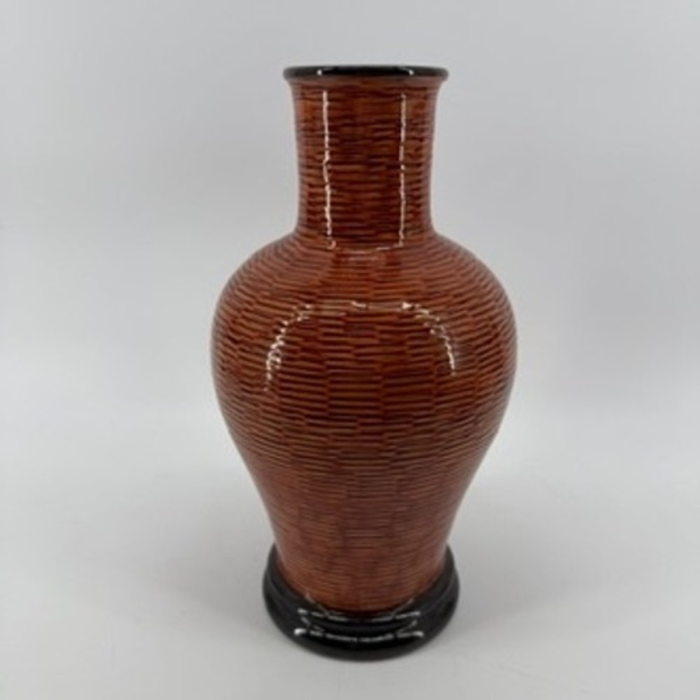 Brown Faux Woven Textured Ceramic Vase with Black Base 11.5 Inch Baluster Decor